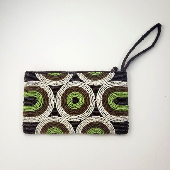 Vintage beaded zip clutch Retro brown, green, white circle motif handbag wallet - Picture 14 of 14